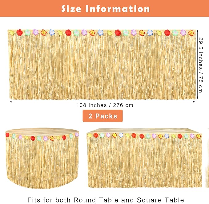 Fovths 2 Pack Luau Grass Table Skirt Natural 9 Feet x 29.5 Inch Hawaiian Table Skirt for Tropical Hawaiian Party Decorations Luau Costume Party, Straw Yellow