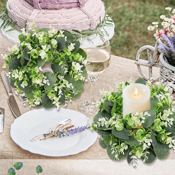 8PCS Artificial Eucalyptus Leaves Small Wreaths Green Candle Rings, Wreaths Spring Summer Greenery Garland Pillar Candle Holder for Home Wedding Party Table Centerpiece Decoration