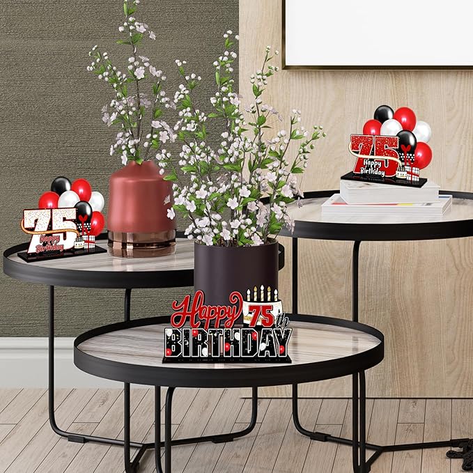 LINGTEER Happy 75th Birthday Red Acrylic Table Topper Centerpieces Set - Cheers to 75 Years Old Birthday 75th Bday Party Gift Decorations.