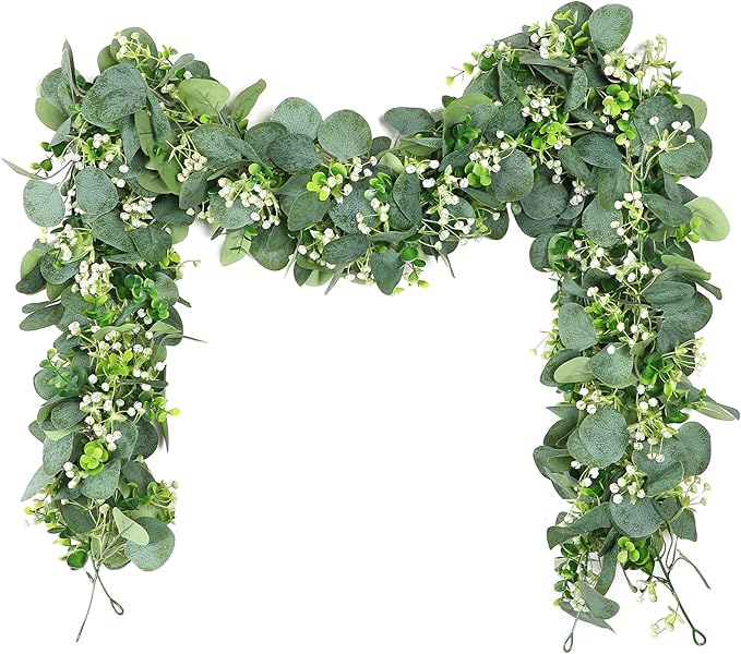 SOMYTING Eucalyptus Garland, 2 Packs 5.9FT Greenery Garland with Gypsophila Flowers Artificial Faux Silver Dollar Eucalyptus Leaves Fake Vines for Indoor Outdoor Table Mantle Home Party Wedding Decor