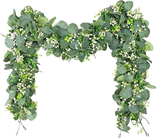 SOMYTING Eucalyptus Garland, 2 Packs 5.9FT Greenery Garland with Gypsophila Flowers Artificial Faux Silver Dollar Eucalyptus Leaves Fake Vines for Indoor Outdoor Table Mantle Home Party Wedding Decor