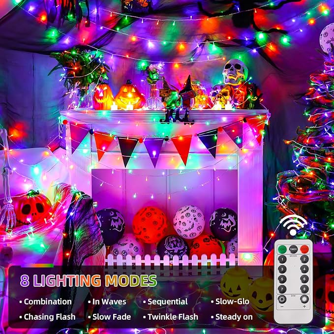 QITONG 2 Pack Battery Operated Halloween Lights, Each 33ft 100 LED Purple Orange and Green String Lights Outdoor Waterproof with Remote, Clear Wire Christmas Twinkle Lights with 8 Modes Indoor