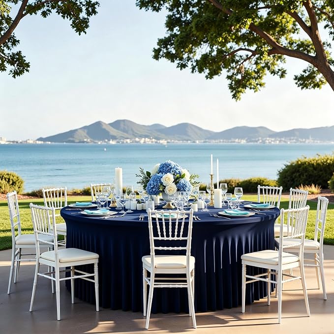 6 Pack Navy Blue Round Spandex Tablecloth with Ruffle Skirt, 60 Inch Elastic Fitted Table Cover for 5FT Table – Perfect for Graduation, Memorial Day & Veterans Day,Wedding,Wrinkle-Resistant