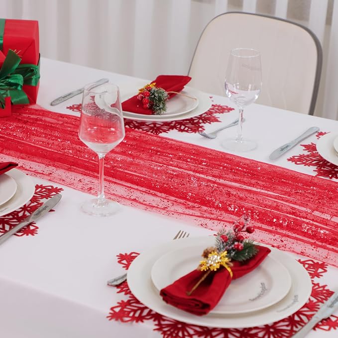 Snowkingdom 6 Pcs Red Glitter Table Runner 10 FT, Sheer Chiffon Sparkle Gauze Cheesecloth Mesh Runners 120 Inch, Red Table Centerpieces Decoration for Birthday Party Wedding Christmas Mothers Day