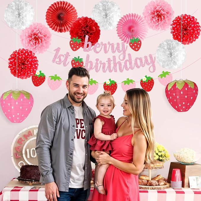 Kriyokiaa Berry First Birthday Decor 14 Pcs Strawberry 1st Birthday Decorations for Girls with Banners, Paper Lantern, Paper Pom Poms Perfect for Baby Girl Party Decoration