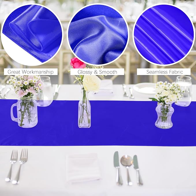 Aneco 12 Pack Satin Table Runner 12 x 108 Inch Royal Blue Long Wedding Satin Silk Table Runner for Wedding Banquet Graduations Birthday Party Decoration