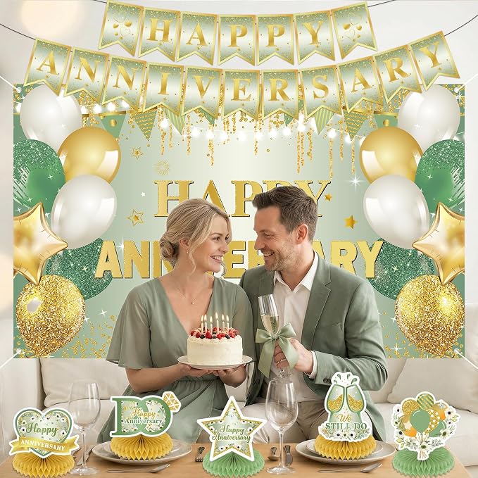 First Wedding Anniversary Decorations, Sage Green Happy Anniversary Banner Anniversary Honeycomb Centerpieces Wedding Party Backdrop for Marriage Celebrations Surprise Events Party Supplies