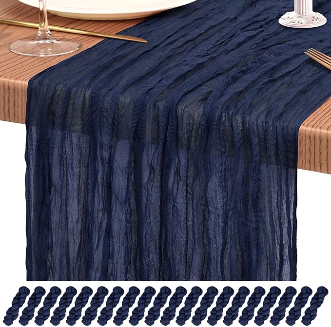 20 Pack Navy Blue Cheesecloth Table Runner 10FT Boho Gauze Cheese Cloth Table Runners Romantic Rustic Sheer Table Decorations for Wedding Party Baby Shower Birthday Holiday Home