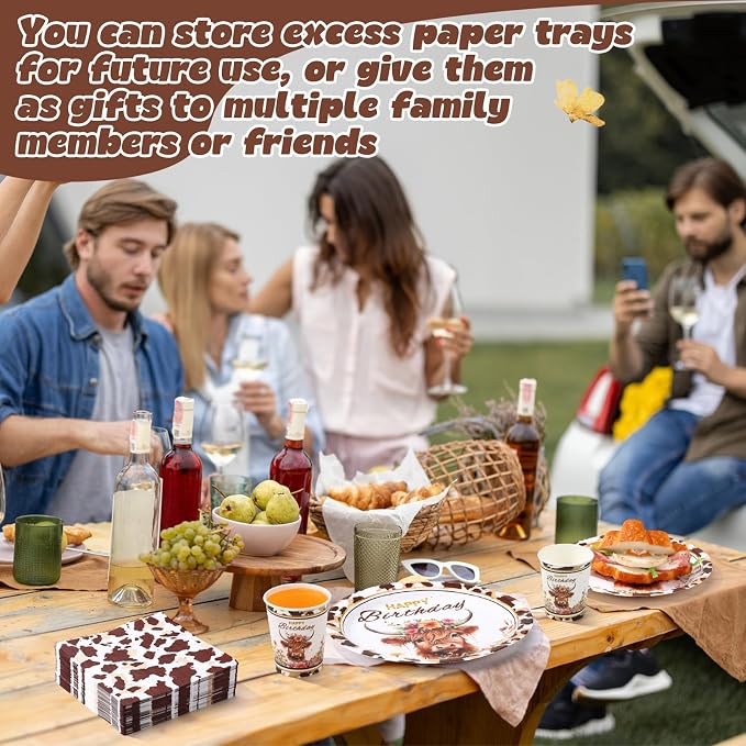 Funnymoom 400 Pcs Highland Cow Birthday Party Supplies Brown Cattle Paper Plates Napkins Cups Spoons Forks Knives for Western Farm Animals Kids Birthday Baby Shower Party Decorations