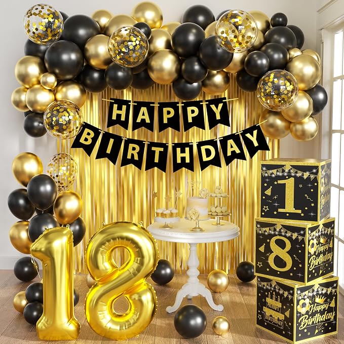 Gold 18th birthday decorations for boys Men,3pcs birthday Decorations for Men boys black and gold Balloon Boxes Birthday Party Favors