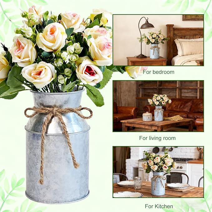 4 Sets Farmhouse Wedding Flower Centerpiece for Tables Decorations, Rustic Artificial Roses Bouquet with Metal Galvanized Vase Pot for Party Bridal Shower Event (Silver Vase & Champagne Roses)