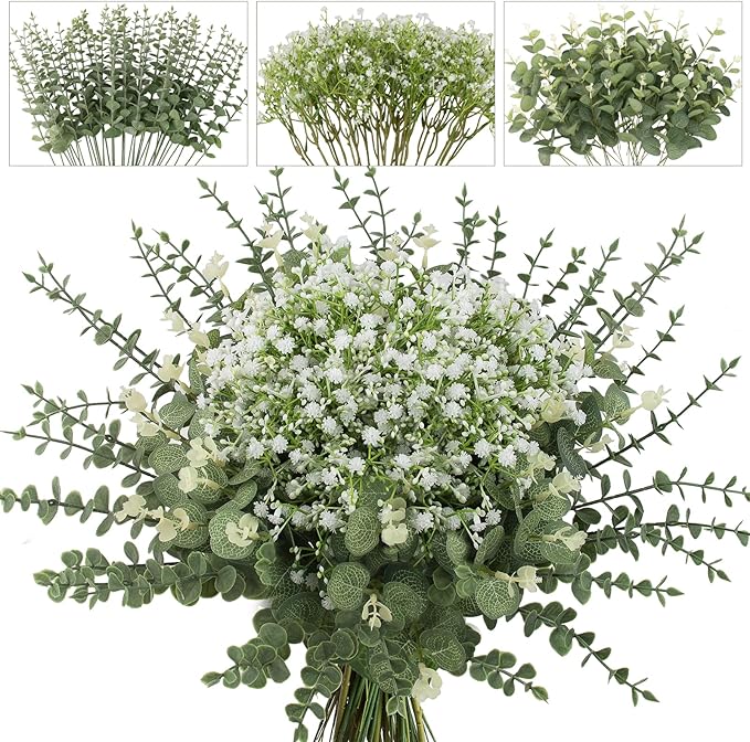 lovemoon Mixed Greenery Artificial Eucalyptus Stems, Baby Breath Artificial Flowers Bulk and Eucalyptus Leaves for Wedding Bouquets Home Office Floral Decor (200, Green and White)