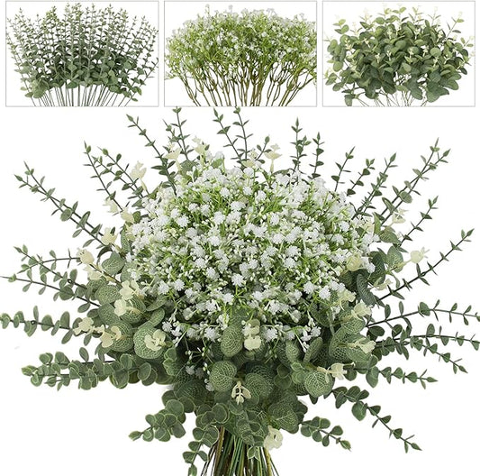 lovemoon Mixed Greenery Artificial Eucalyptus Stems, Baby Breath Artificial Flowers Bulk and Eucalyptus Leaves for Wedding Bouquets Home Office Floral Decor (200, Green and White)