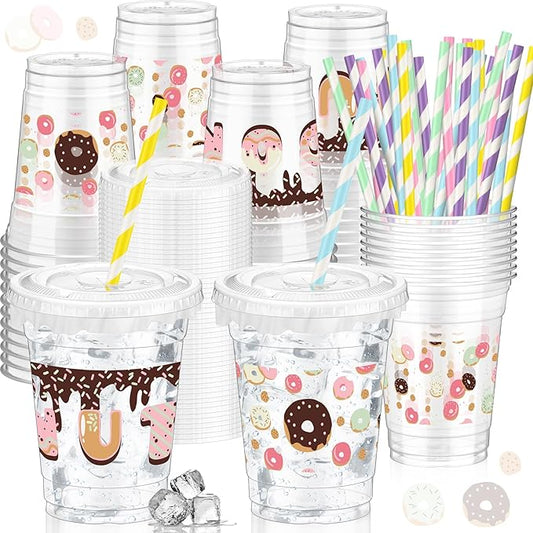FoldTier 50 Pcs Donut Birthday party Plastic Cup 12 oz Cold Drinks Cups Doughnut Thick Clear Mug Disposable Mugs with Lids for Iced Coffee Smoothie Milkshake Birthday Party Sweet Holiday
