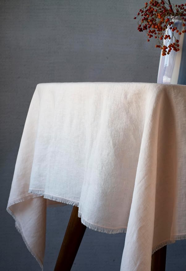 100% Pure Linen Tablecloths for Rectangle Tables with Fringe, 55x55 Inch Pink Linen Table Cloth for Wedding, Party, Easter,Thanksgiving, Machine Washable