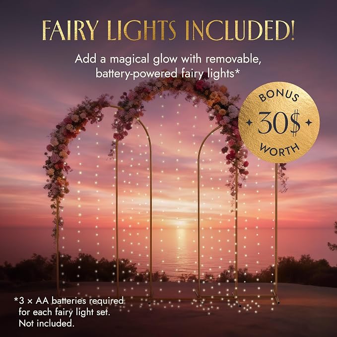 Gold Metal Arch Backdrop Stand for Wedding & Birthday Party Decorations, Foldable Balloon Arch Frame with Easy Assembly, Photo Booth Backdrop Décor with Fairy Lights Options