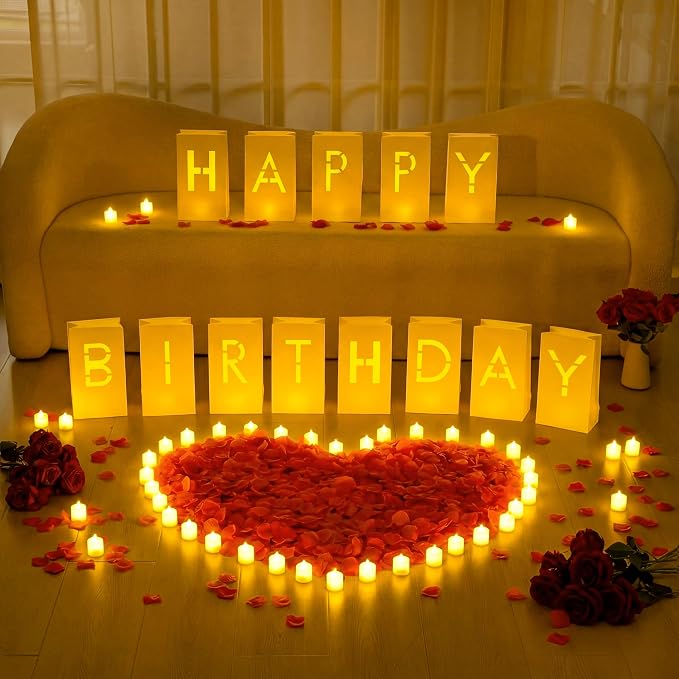 Aurelema 6085 Pcs Happy Birthday Light Up Letters with LED Flameless Tealight Candle Red Rose Petal Letter Luminary Paper Bag for Decoration Party Romantic Night Decor for Women Men