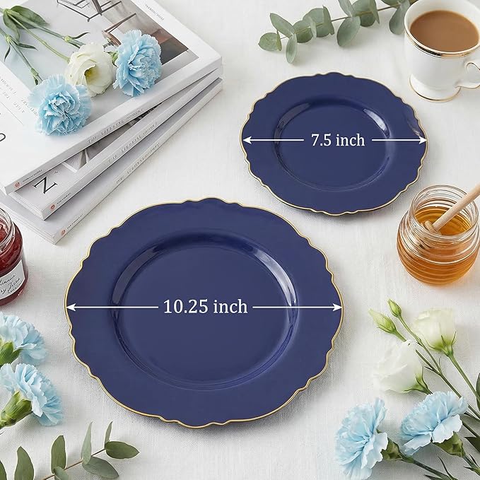 WDF 100pcs Blue Plastic Plates - Baroque Blue&Gold Disposable Plates for Parties/Wedding-50Plastic Dinner Plates 10.25in, 50Salad Plates 7.5in for Party/Birthday/Wedding/Graduation