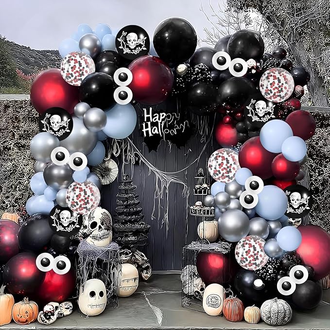 Halloween Balloon Garland Arch Kit, JZCZOEB 133Pcs Double Stuffed Red Black Blue Chrome Silver Balloons for Rose Skull Gothic Spooky Horror Theme Birthday Baby Shower Halloween Party Decorations