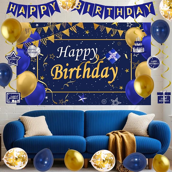 Blue and Gold Birthday Decorations, Brithday Party Decorations for Men Boys Women Girls with Blue Gold Happy Birthday Banner Decorations Tablecloth Backdrop Balloons Arch Bady Party Supplies
