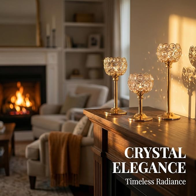 Crystal Candle Holders 2 Set of 6 - Gold Vintage Hollow Ball Candle Stand for Table Centerpiece, Crystal Metal Tealight Candlestick for Wedding, Dining Room Decor