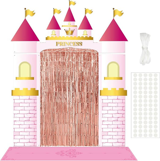 VitalCozy 7pcs Princess Party Decorations Castle Porch Banners Pink Rug Rose Foil Fringe Backdrop Curtains for Girl Princess Birthday Photo Background Door Entryway Decor