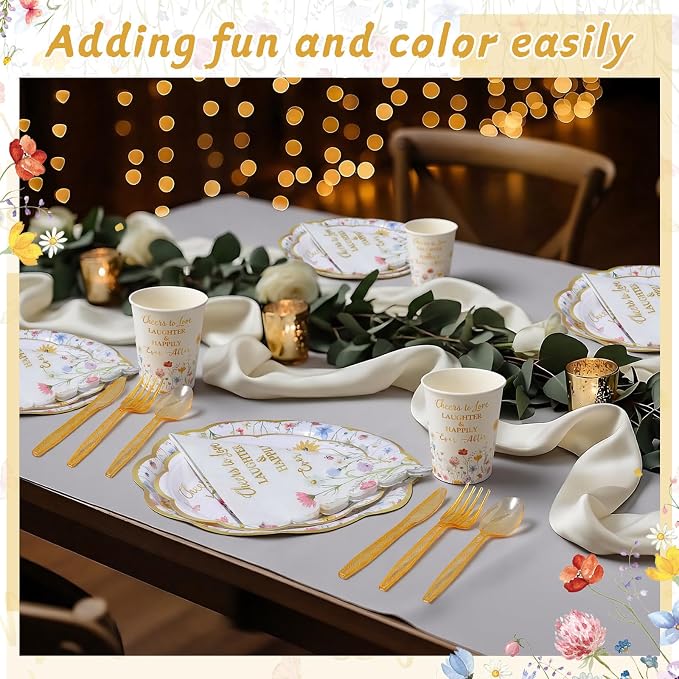 Pickmesh 400 Pcs Floral Bridal Shower Party Supplies Decorations Include Cheers to Love Paper Plates Napkins Cups Cutlery Set Spring Wildflower Tableware for Wedding Engagement Party Serve 50