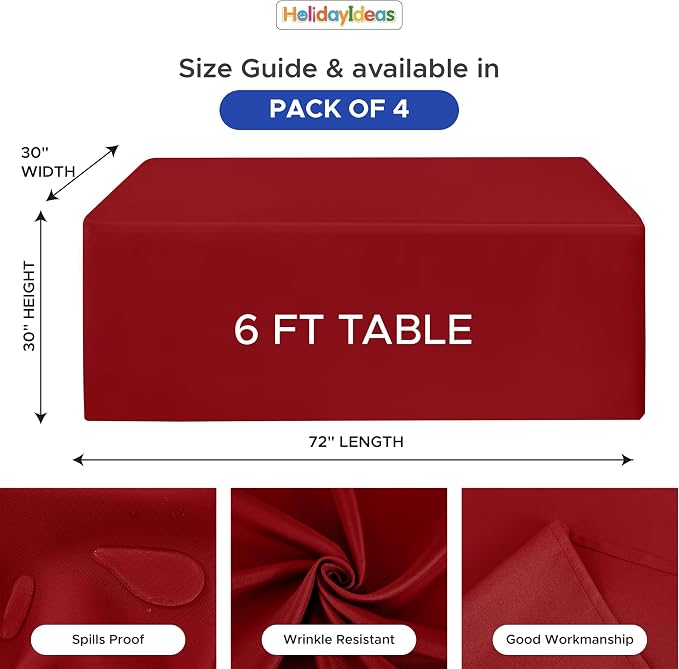 HolidayIdeas 4-Pack Red Fitted Tablecloth for 6ft Tables Christmas Decor | Wrinkle resistant rectangular table covers holiday party banquet events supply craft fairs