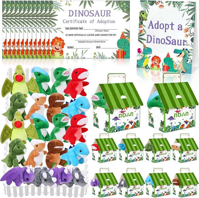63 Pcs Adopt a Dinosaur Party Favors Include 20 Mini Dinosaur Stuffed Animals 20 Foldable House Gift Boxes 20 Adoption Card 1 Adoption Sign 2 Fence for Adopt A Pet Party Dino Birthday Supplies