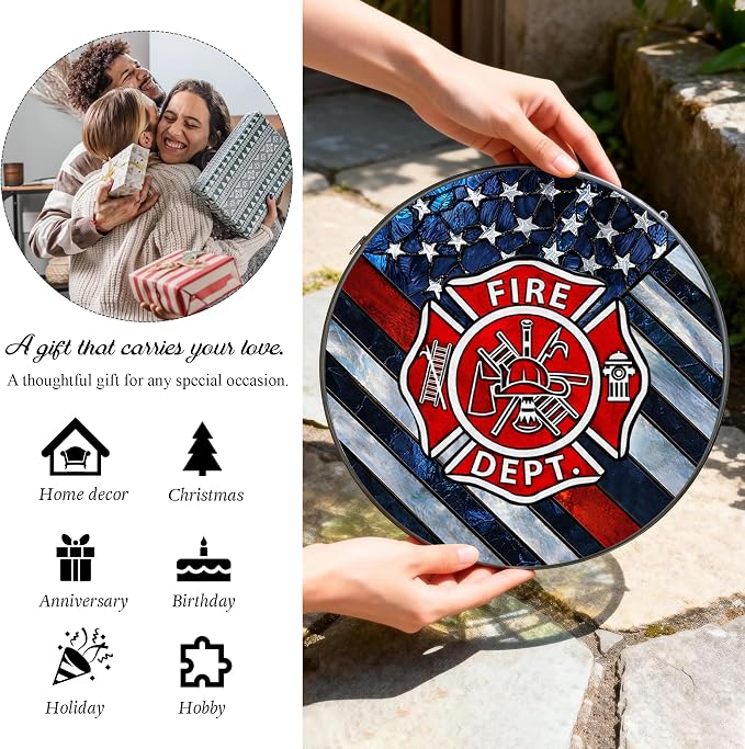 Firefighter Stained Glass Suncatcher 6x6'', Fire Academy Graduation Gift, Fire Department Decor, Firefighter Retirement Gifts, Firefighting Gifts for Men, Memorabilia Keepsake