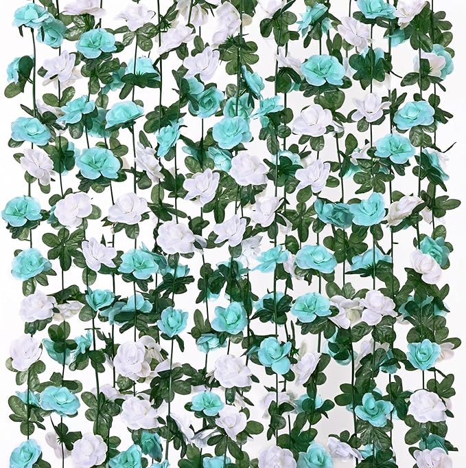 KHOYIME 9 Pack 72 FT Artificial Flower Garland, Fake Blue White Roses Vines Silk Flowers Faux Plastic Outdoor Hanging Floral Ivy Garland Decoration for Wedding Arch Bedroom Home Wall Backdrop Decor