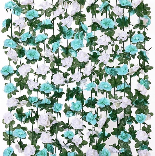 KHOYIME 9 Pack 72 FT Artificial Flower Garland, Fake Blue White Roses Vines Silk Flowers Faux Plastic Outdoor Hanging Floral Ivy Garland Decoration for Wedding Arch Bedroom Home Wall Backdrop Decor