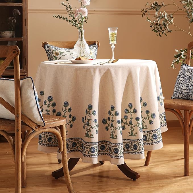 patdrea Vintage French Linen Tablecloth,Round,Diameter 55"-Ivar B | Elegant Table Cloth for Round Table,Blue and White Floral Patterned,Dining Room,Tea Party,Thanksgiving Decor