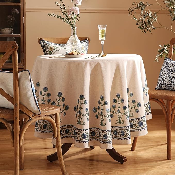 patdrea Vintage French Linen Tablecloth,Round,Diameter 67"-Ivar B | Elegant Table Cloth for Round Table,Blue and White Floral Patterned,Dining Room,Tea Party,Thanksgiving Decor