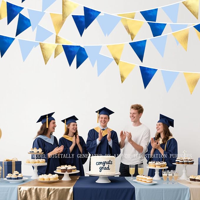 Gold Blue Party Decoration Gradient Blue and Gold Triangle Pennant Banner Flag Metallic Fabric Bunting Garland for Nautical Ahoy Achor Birthday Graduation Retirement Wedding Baby Shower Party Supplies