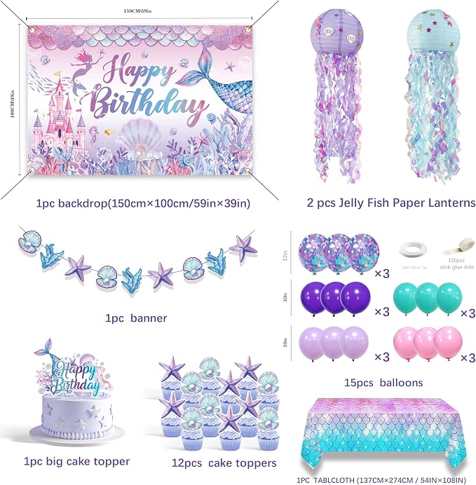 Mermaid Birthday Decorations For Women,Colorful Jellyfish Lanterns,Happy Birthday Backdrop,Banner Balloons,Table Cloth,Paper pom poms Party Supplies for Girls