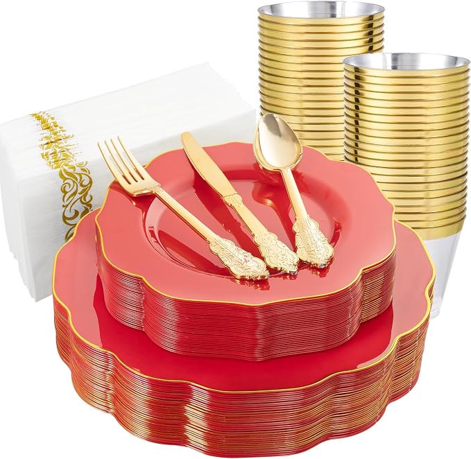 NOCCUR 175PCS Red Plastic Plates with Gold Disposable Silverware - Include 50 Red Gold Plastic Plates,25 Knives,25 Forks,25 Spoons,25 Cups and 25 Napkins - Ideal for Party/Independence Day/Wedding