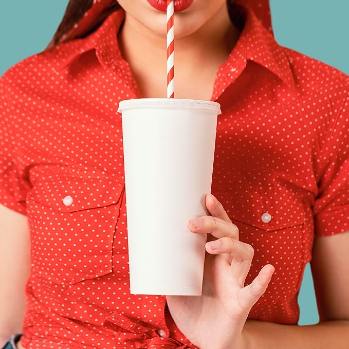 PakTalk 100 Pack Red Straws, Disposable Red and White Biodegradable Paper Striped Straws for Cocktail, Milkshake, Coffee, Lemonade (0.24" x 7.75")