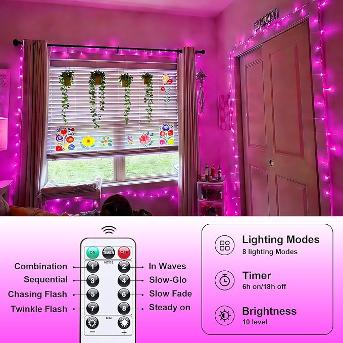 YEGUO Battery Operated String Lights, 2 Pack Each 33ft 100 LED Twinkle Fairy Lights Outdoor Waterproof, 8 Modes Clear Wire Pink Christmas Lights Indoor with Remote