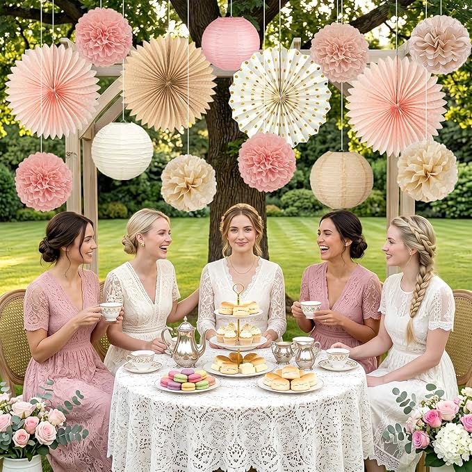 ADLKGG Champagne Gold Pink Party Decorations, 14 Pcs Hanging Paper Fans, Lanterns, Pom Poms, Neutral Boho Backdrop for Baby Shower, Birthday, Bridal Shower, Wedding, Spring Party