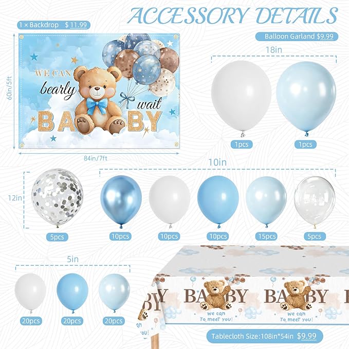 Bear Baby Shower Decorations, 140 PCS We Can Bearly Wait Baby Shower Party Supplies with Backdrop, Tablecloth, Cake Toppers, Balloons, Sash, Boxes, Blue Baby Them Party for Boy Baby Shower Decorations