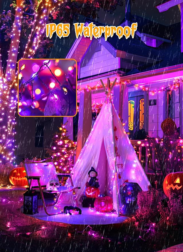 Halloween Solar String Lights Outdoor Waterproof, 19.6Ft 240 LED 8 Modes | Solar Fairy Lights Halloween Lights Outdoor, Waterproof Twinkle Firecracker Light for Patio Yard Trees, Orange Purple