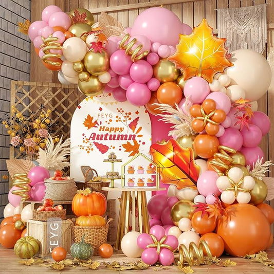Fall Balloon Arch Kit, Thanksgiving Balloon Garland with Hot Pink Orange Gold Balloons with Leaf Foil Balloons for Thanksgiving Autumn Fall Birthday Baby Shower Party Decorations
