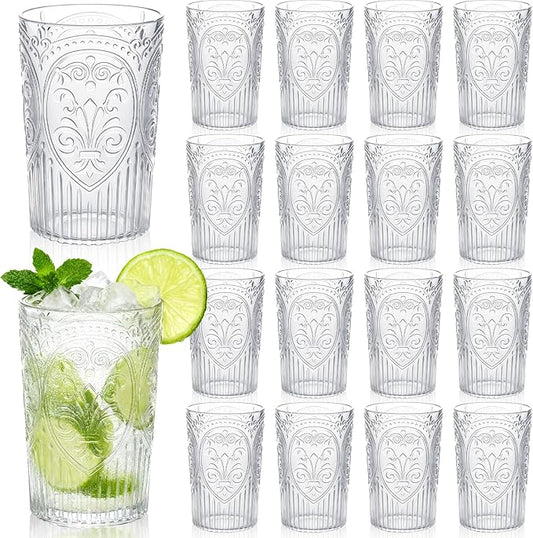 Plastic Vintage Drinking Glasses - 16 oz Stemless Ribbed Highball Glasses Bulk Embossed Reusable Cups for Water Beer Cocktails Juice Wedding Bridal Shower Birthday Event Party(Clear,24 Pcs)
