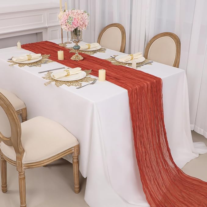 Snowkingdom 6PCS 10Ft Fall Thanksgiving Table Runner Terracotta Rust Cheesecloth Gauze, 120 inch Long Burnt Orange Boho Cheese Cloth for Wedding Bridal Shower Rustic Sheer Table Decorations