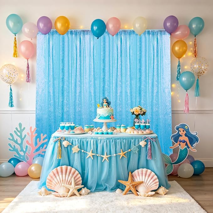 Sugargirl Mermaid Blue Sequin Backdrop Curtain 4 Panels 2FTx8FT Glitter Mermaid Blue Background Drapes Sparkle Photography Backdrop for Party Wedding Birthday Wall Decoration
