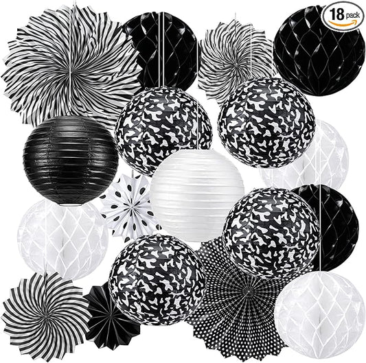 Retisee 18 Pcs Composition Classroom Decoration Kits Black and White Composition Hanging Paper Lanterns Paper Fans Honeycomb Balls Decor for Graduation End of Year School Classroom Supplies