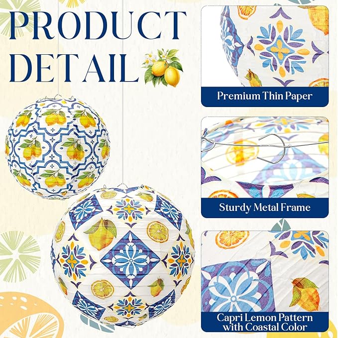 Baquler 24 Pcs Capri Lemon Party Decorations, 12 Paper Lanterns and 12 Hanging Fans, Amalfi Coast Mediterranean Blue Yellow Lemon Decor for Birthday, Bridal Shower, Baby Shower, Wedding, Summer Party