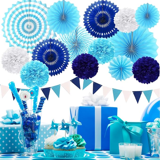 Blue Party Decorations Birthday Paper Fan Baby Shower Tissue Pom Poms Streamers Bachelorette Party Supplies Tassel Garland Banner Wedding Decor