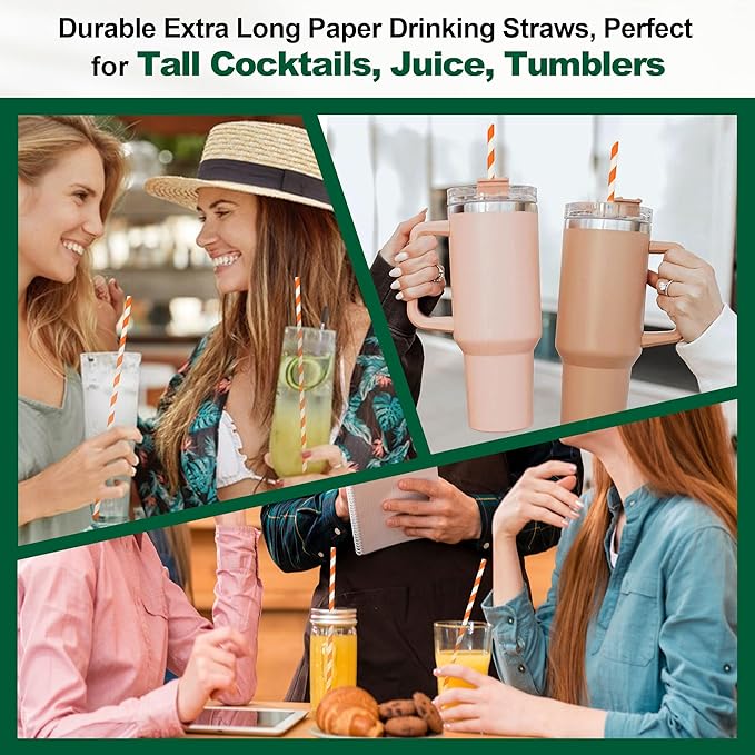 Orange Striped Paper Drinking Straws, 10.25 Inch Long, 100 Counts - for Tall Drinks, Halloween Party - Eco Friendly